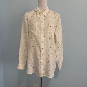 Boden Linen Long Sleeve Polkadot White Blouse Size 8R